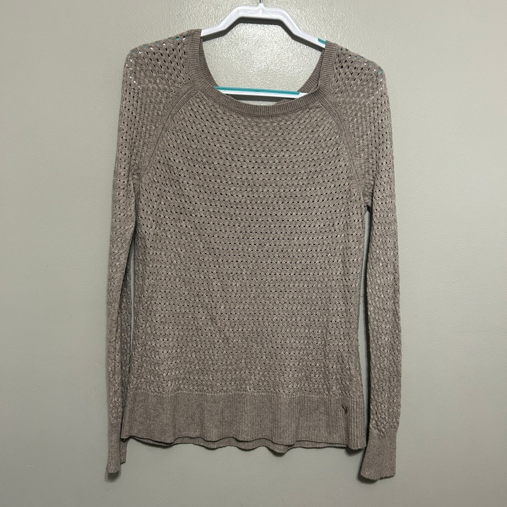 American Eagle Sweater Womens L Taupe Beige Open Knit Back Zip Raglan Cottage